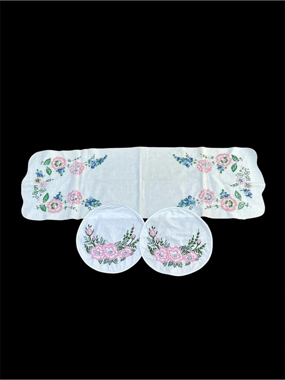 Vintage Set Hand-embroidered Runner & 2 Doilies